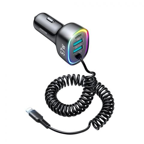Joyroom 4-In-1 Car Charger With 1.6m Coiled Lightning Cable, 57W, Black, JR-CL20