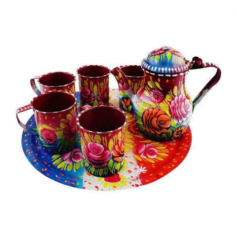 Star Shine Truck Art Chainak Set With Cups, Blue & Red