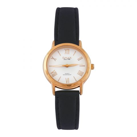 Omax Women's Golden Round Dial With Plain Black Strap Analog Watch, PR0002-GLD-WHT