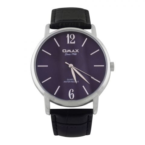 Omax Men's Chrome Round Dial With Purple Background & Textured Black Strap Analog Watch, 00PR0035IB04