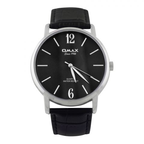 Omax Men's Chrome Round Dial With Textured Black Strap Analog Watch, 00PR0035IB02
