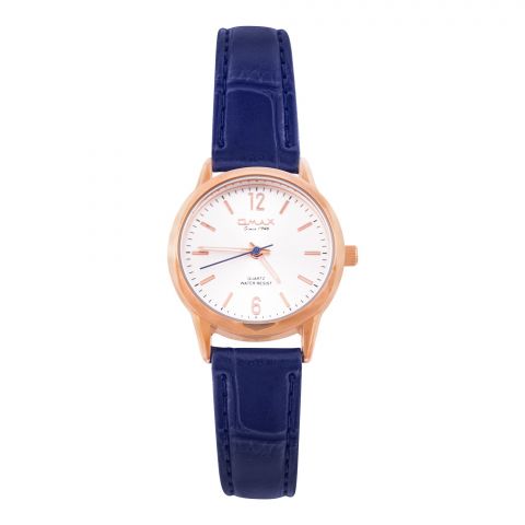 Omax Women's Rose Gold Round Dial With Textured Blue Strap Analog Watch, JXL01R64I