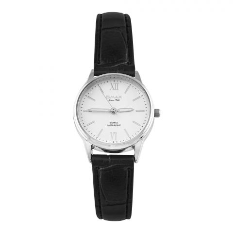 Omax Women's Chrome Round Dial With Textured Black Strap Analog Watch, JXL03P62I