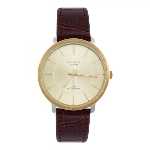 Omax Men's Yellow Gold Round Dial With Texture Maroon Strap Analog Watch, DC005T15I