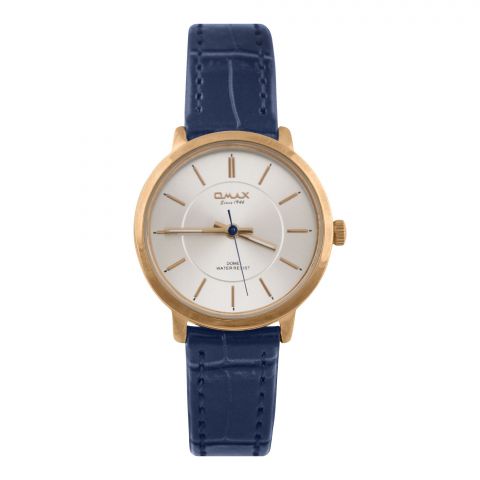 Omax Women's Yellow Gold Round Dial With Textured Blue Strap Analog Watch, DC006R64I