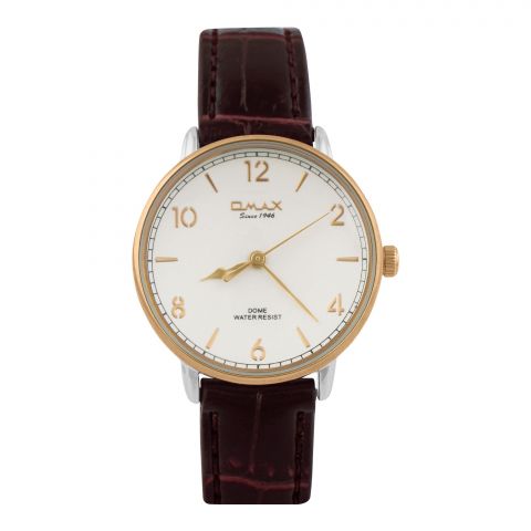 Omax Women's Yellow Gold Round Dial With Textured Dark Maroon Strap Analog Watch, DC002C35I