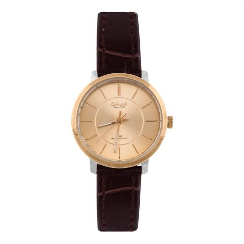 Omax Women's Yellow Gold Round Dial & Background With Textured Maroon Strap Analog Watch, DC006C85I