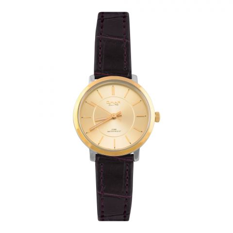 Omax Women's Yellow Gold Round Dial With Textured Maroon Strap Analog Watch, DC006T15I