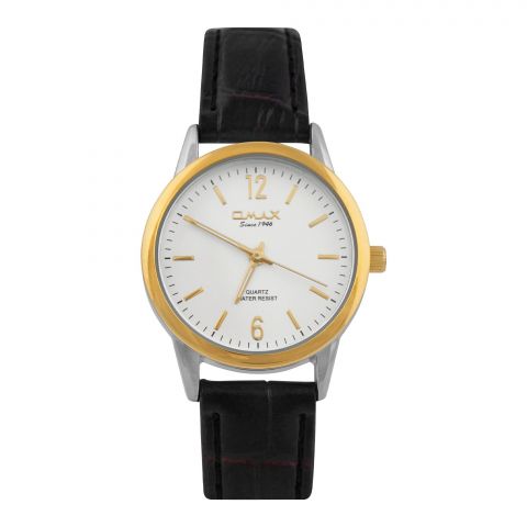 Omax Women's Yellow Gold Round Dial With Textured Black Strap Analog Watch, JXL01T35I