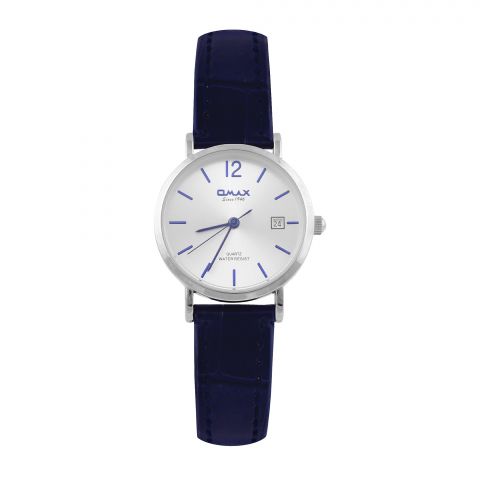 Omax Women's Chrome Round Dial With Navy Blue Strap Analog Watch, HDL07P64I