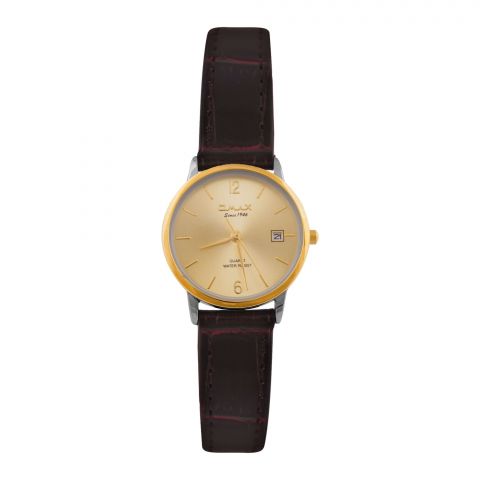 Omax Women's Yellow Gold Round Dial With Textured Maroon Strap Analog Watch, HDL05T15I