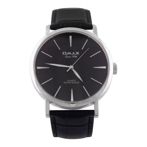 Omax Men's Chrome Round Dial With Textured Black Strap Analog Watch, 00PR0033IB02