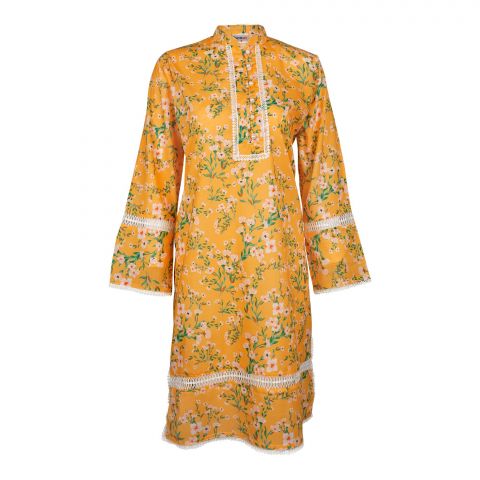 Basix Digital Printed Fancy Lawn Yellow Shirt With Lace, LS-507