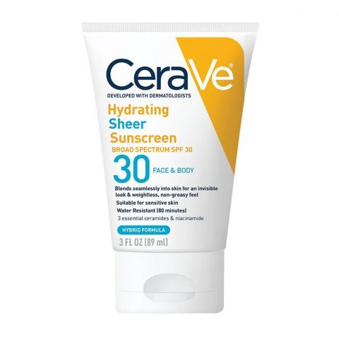 CeraVe Hydrating Sheer Sunscreen Broad Spectrum SPF-30 Face & Body, Suitable For Sensitive Skin, 89ml