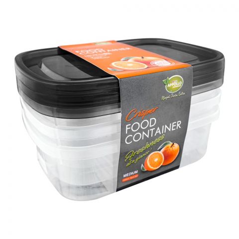 Appollo Crisper Food Container, 3-Pack Set, Medium, Black, 1000ml