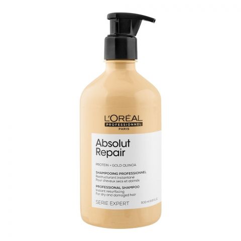 L'Oreal Professionnel Serie Expert Absolut Repair Protein + Gold Quinoa Professional Shampoo, For Dry & Damaged Hair, 500ml