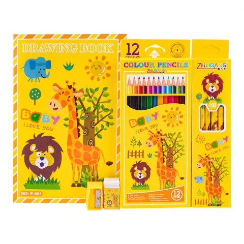 Stationery Set With Drawing Book & Art Accessories, Yellow, E-706