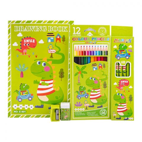 Stationery Set With Drawing Book & Art Accessories, Green, E-706