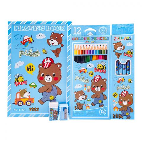 Stationery Set With Drawing Book & Art Accessories, Blue, E-706