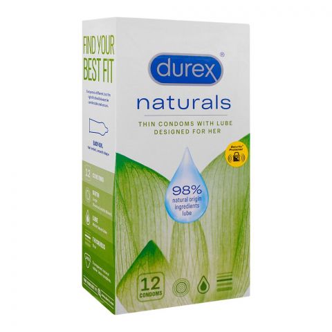 Durex Naturals Thin Condoms With Lube Designed For Her, 12-Pack