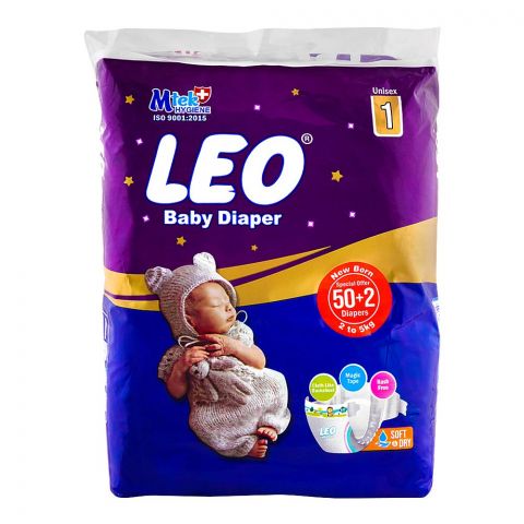 Leo Baby Diaper Size 1, 2-5 KG, 50 + 2-Pack