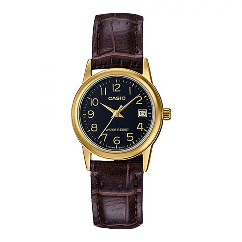 Casio Men's Golden Round Dial With Textured Brown Strap Analog Watch, LTP-V002GL-1BUDF