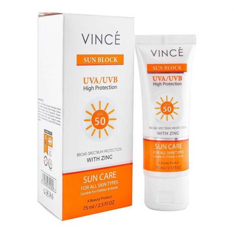 Vince Sun Block UVA & UVB High Protection SPF-50 With Zinc Sun Care, For All Skin Types, 75ml