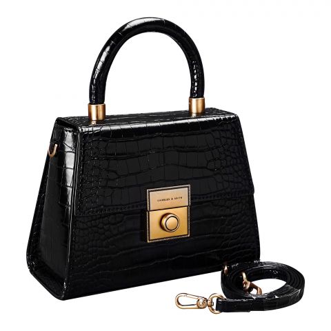 C-K Textured Hand Bag With Shoulder Strap, Black, CK2-50781127