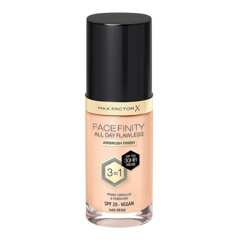 Max Factor Facefinity All Day Flawless Airbrush Finish 3-In-1 Foundation, N55 Beige, 30ml