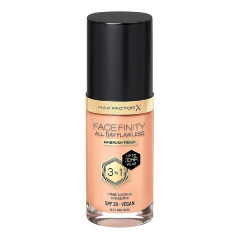 Max Factor Facefinity All Day Flawless Airbrush Finish 3-In-1 Foundation, N75 Golden, 30ml