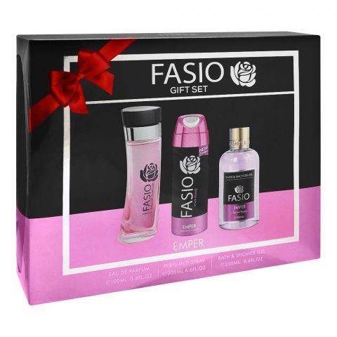 Fasio Pour Femme Emper Set, For Women, Eau De Parfum 100ml + Perfume Spray 200ml + Shower Gel 250ml