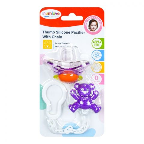 Mum Love Thumb Silicone Pacifier With Chain, Purple, P1039
