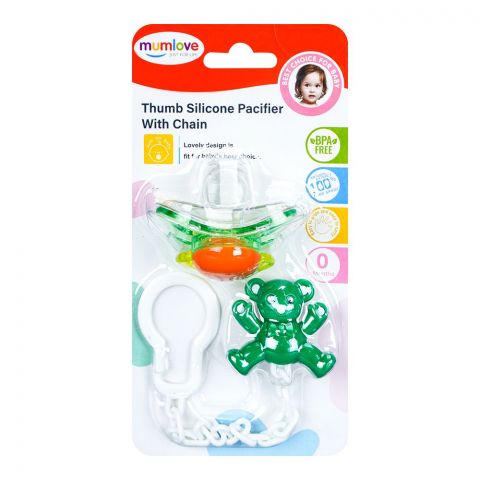 Mum Love Thumb Silicone Pacifier With Chain, Green, P1039