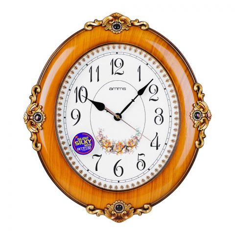 Z.A Wall Clock, White Background with Fancy Brown Border and Oval Shape, AMB-7903