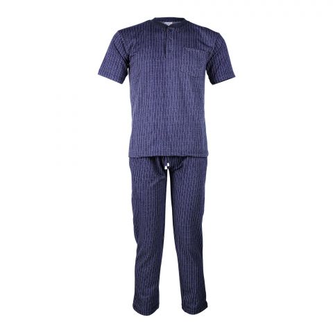 Basix Men's Power Stretch Striped Henley Denim Blue Knitted Loungewear, LW-817