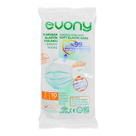 Evony Surgical Mask With Soft Elastic Ears & 3 Layers, 10-Pack