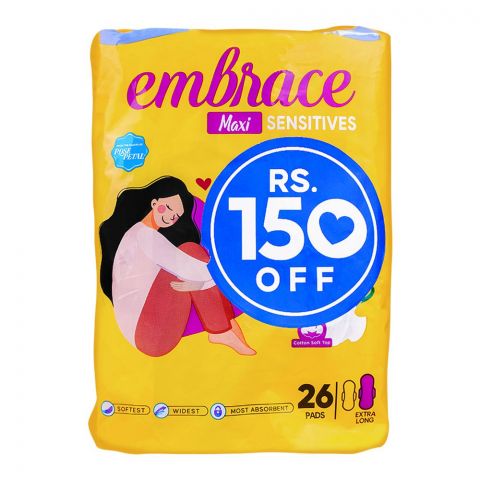 Embrace Sensitive Maxi Pads, Extra Long, Value Pack, 26-Pack, Rs.150/- Off