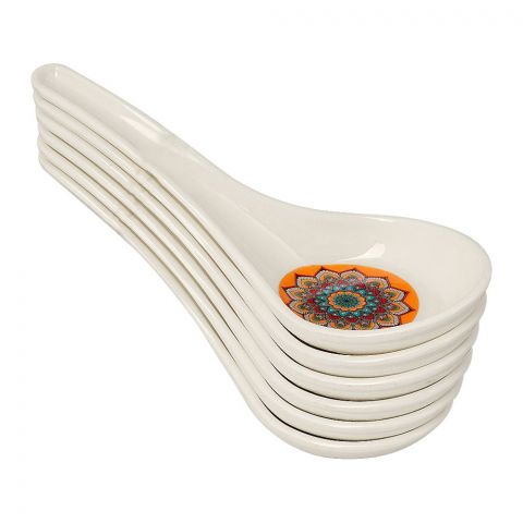 Sky Melamine Soup Spoons, Ajrak Print, Cultural Design, Durable Cutlery Set, 6-Pack