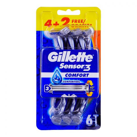 Gillette Sensor-3 Comfort Razor, For Men, 3 Skin Sensing Blades, 4+2 Free Gratis, 6-Pack