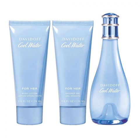 Davidoff Cool Water Gift Set: 100ml Eau de Toilette, 75ml Shower Gel & Body Lotion, For Women, 3-Pack