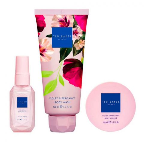 Ted Baker Violet & Bergamot Gift Set: Body Spray 50ml, Body Wash 200ml & Body Souffle 100ml, For Women, 3-Pack