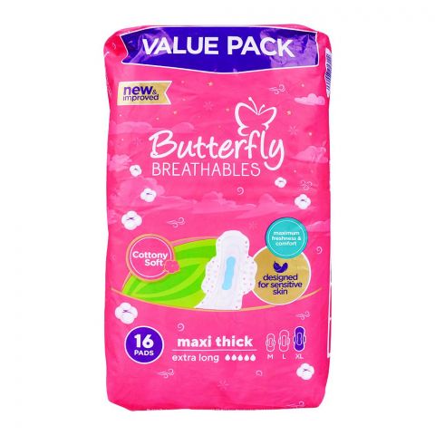 Butterfly Breathables Cottony Soft, Maxi Thick, Extra Long 16-Pads Value Pack