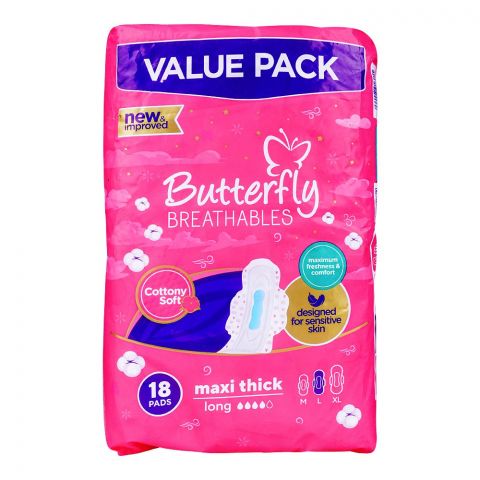 Butterfly Breathables Cottony Soft, Maxi Thick, Long 18-Pads Value Pack
