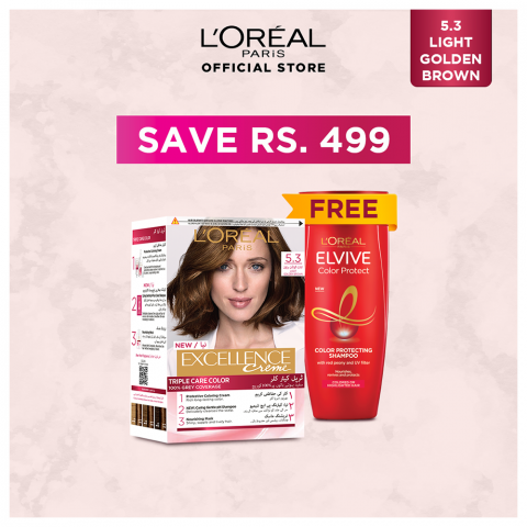 Limited Time Eid Promo, L'Oreal Paris Excellence Hair Colour, Light Golden Brown #5.3 , With Free L'Oreal Paris Elvive Color Protect Shampoo, 175ml