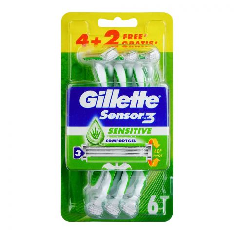 Gillette Sensor-3 Sensitive Razor, For Men, 3 Skin Sensing Blades, 4+2 Free Gratis, 6-Pack