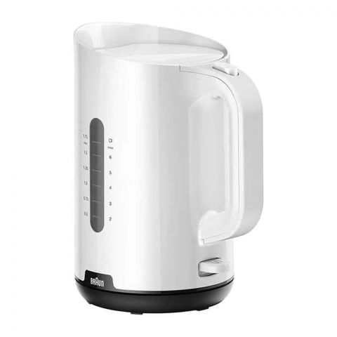 Braun Breakfast1 Collection Kettle features a 360-degree rotating base, removable limescale filter, 1.7L capacity, BPA-free construction, and 2200W power. Available in plastic, white color, WK-1100WH