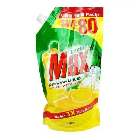 Max Lemon Dish Wash Liquid Pouch, 750ml