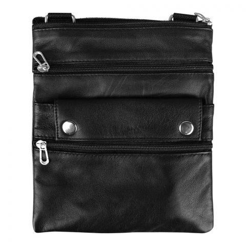 Pure Leather Shoulder Bag With Zipper Pockets, Black, For Men & Women