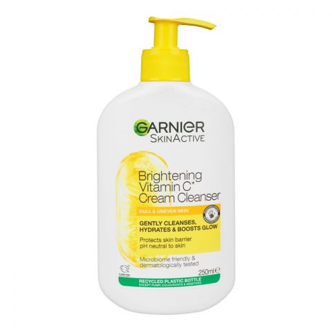 Garnier Skin Active Brightening Vitamin C Cream Cleanser, Protects Skin Barrier, PH Neutral To Skin, For Dull & Uneven Skin, 250ml