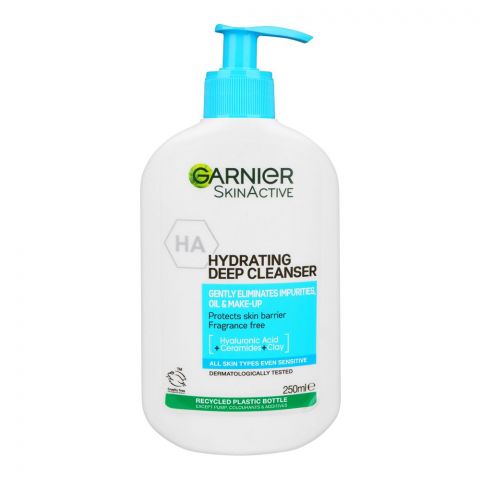 Garnier Skin Active HA Hydrating Deep Cleanser, Hyaluronic Acid+Ceramides+Clay, Protects Skin Barrier, Fragrance Free, For All Skin Types, 250ml